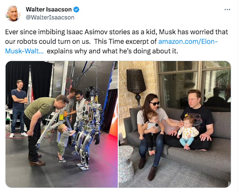 A tweet from Walter Isaacson containing an image of Musk and Shivon Zilis with their two children.