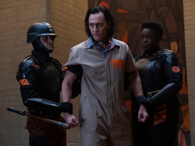 Tom Hiddleston as Loki and Wunmi Mosaku as B-15 in Loki