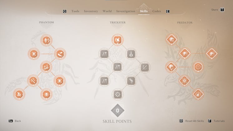Assassin's Creed Mirage Skills menu screen