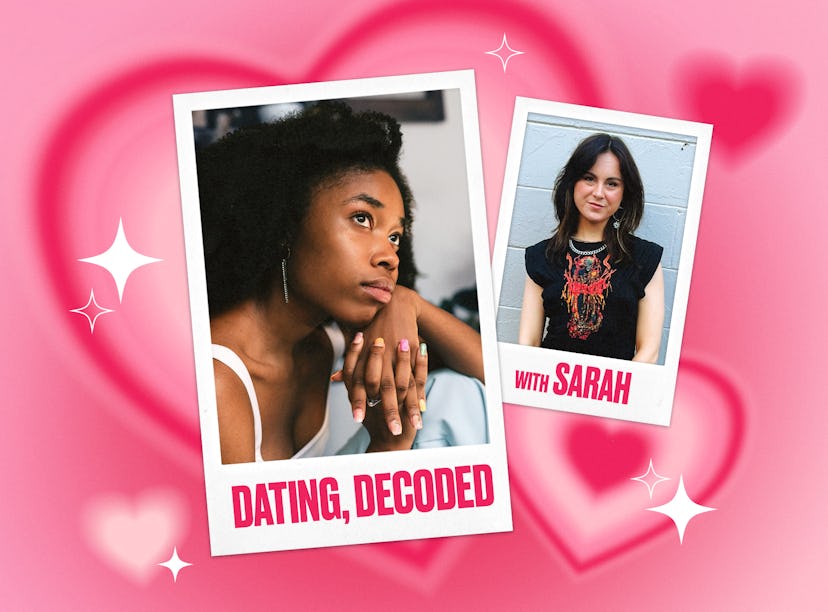 photo of a woman pondering dating struggles; photo of advice columnist Sarah Ellis