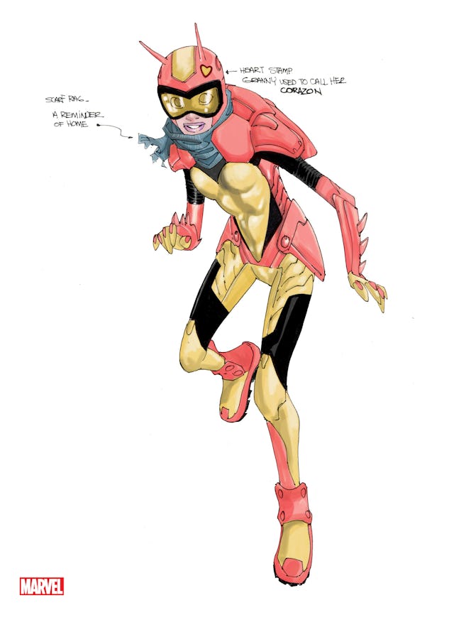 Concept art for the original Champions character, Red Locust.