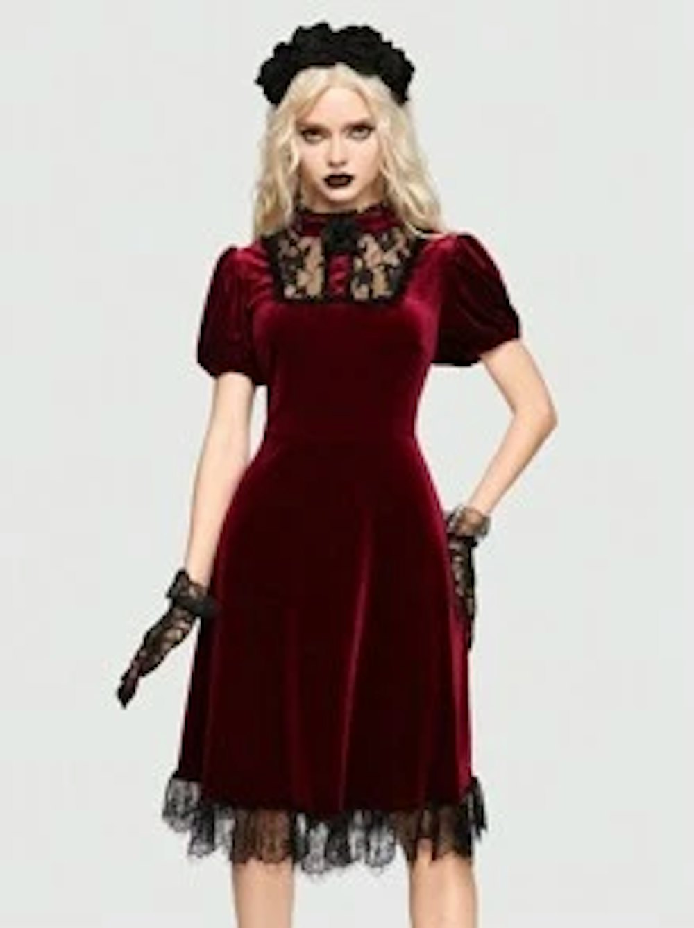Goth Contrast Lace Puff Sleeve Velvet Dress Without Gloves