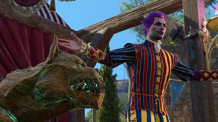 Baldur's Gate 3 screenshot with a clown and dog.