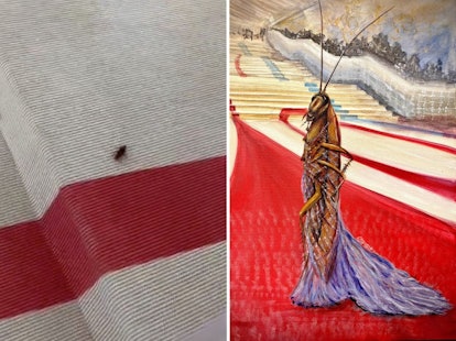 Cockroach at the met gala side by side with a painting of a cockroach in a ball gown