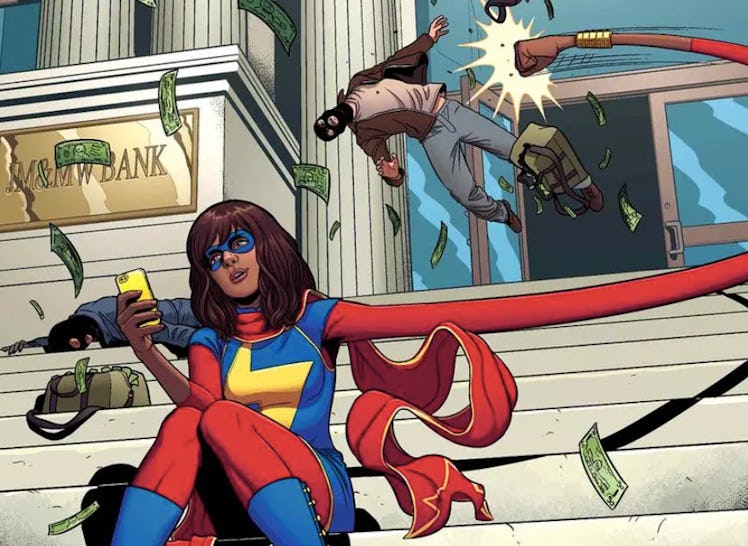 Ms. Marvel takes out a bank robber using her stretchy superpowers.