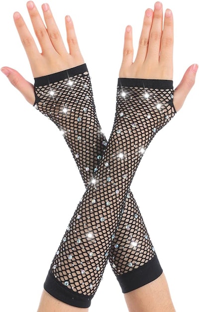 OTPEH Rhinestone Fingerless Fishnet Gloves For Women Kids Girls Fish Net Arm Sleeve 80s Party Costum...