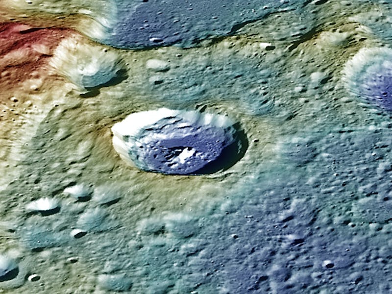 Perspective view of a lobate scarp on Mercury named Carnegie Rupes, colour-coded according to surfac...