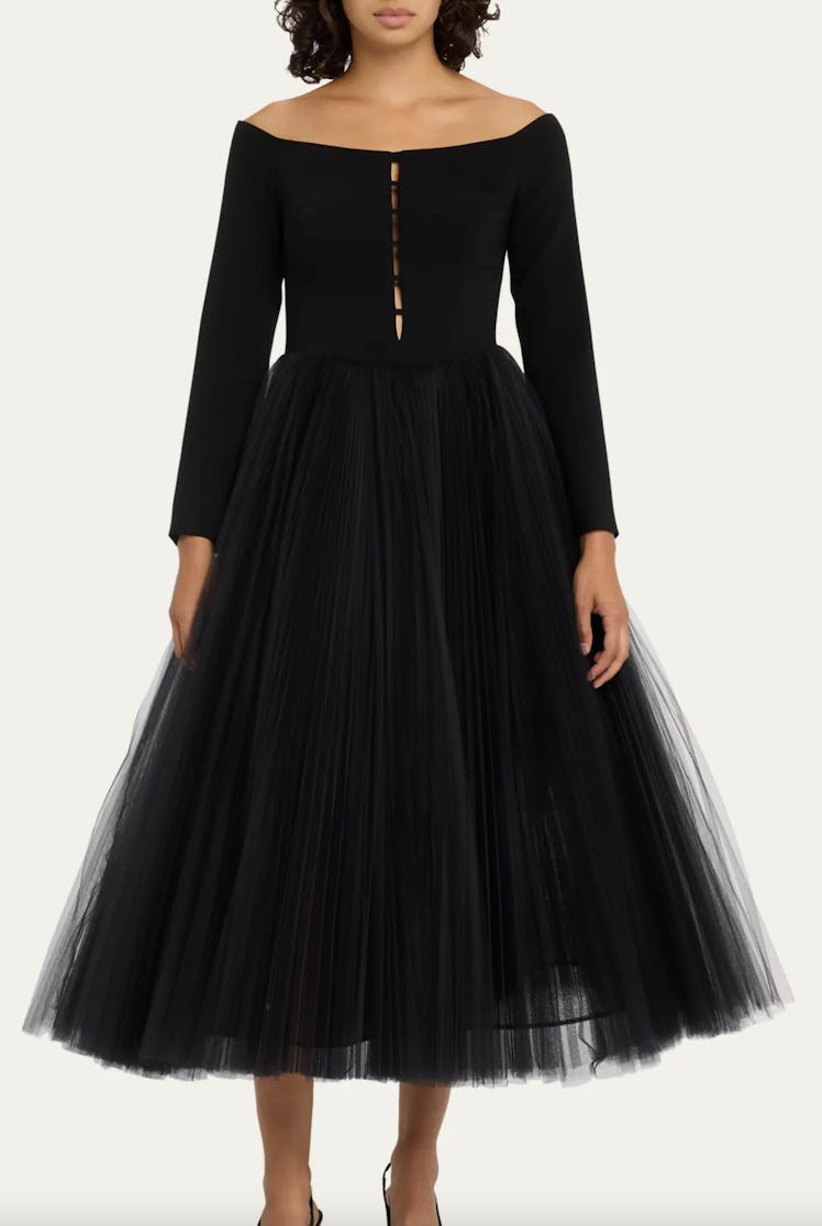 black pleated midi dress