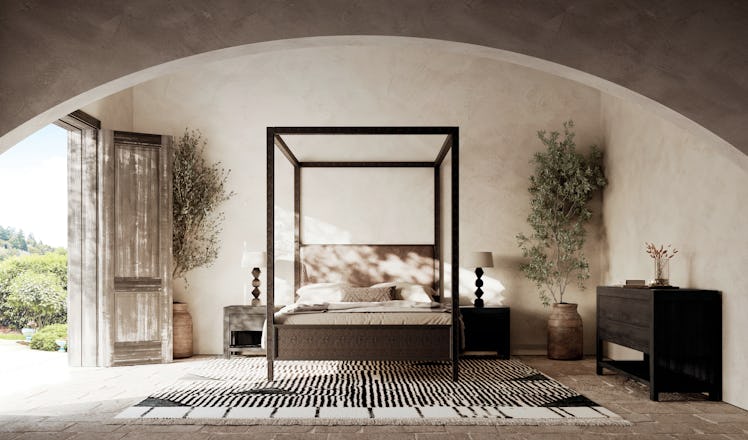 a bedroom featuring products from the Banana Republic homeware line. 