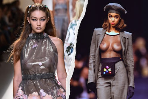 gigi hadid and tyra banks free the nipple on the runway at fashion week