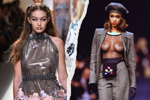 gigi hadid and tyra banks free the nipple on the runway at fashion week