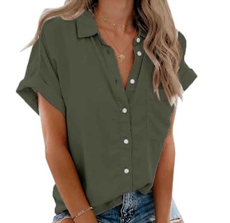 Beautife Short Sleeve Button Down Top with Pockets