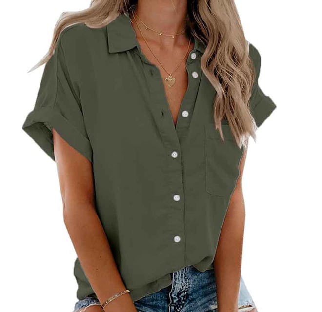 Beautife Short Sleeve Button Down Top with Pockets