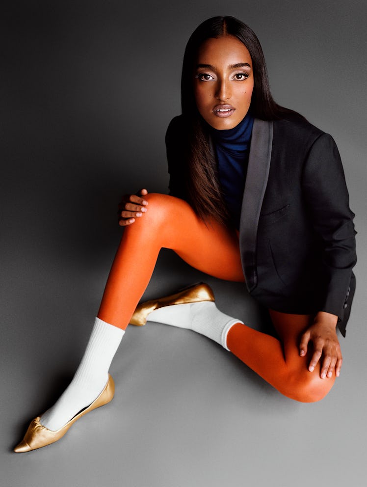 Mona Tougaard wears a Celine by Hedi Slimane jacket; Marc Jacobs socks and shoes (throughout); styli...
