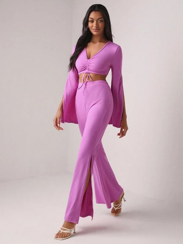Split Sleeve Crop Top &amp; Flare Leg Pants