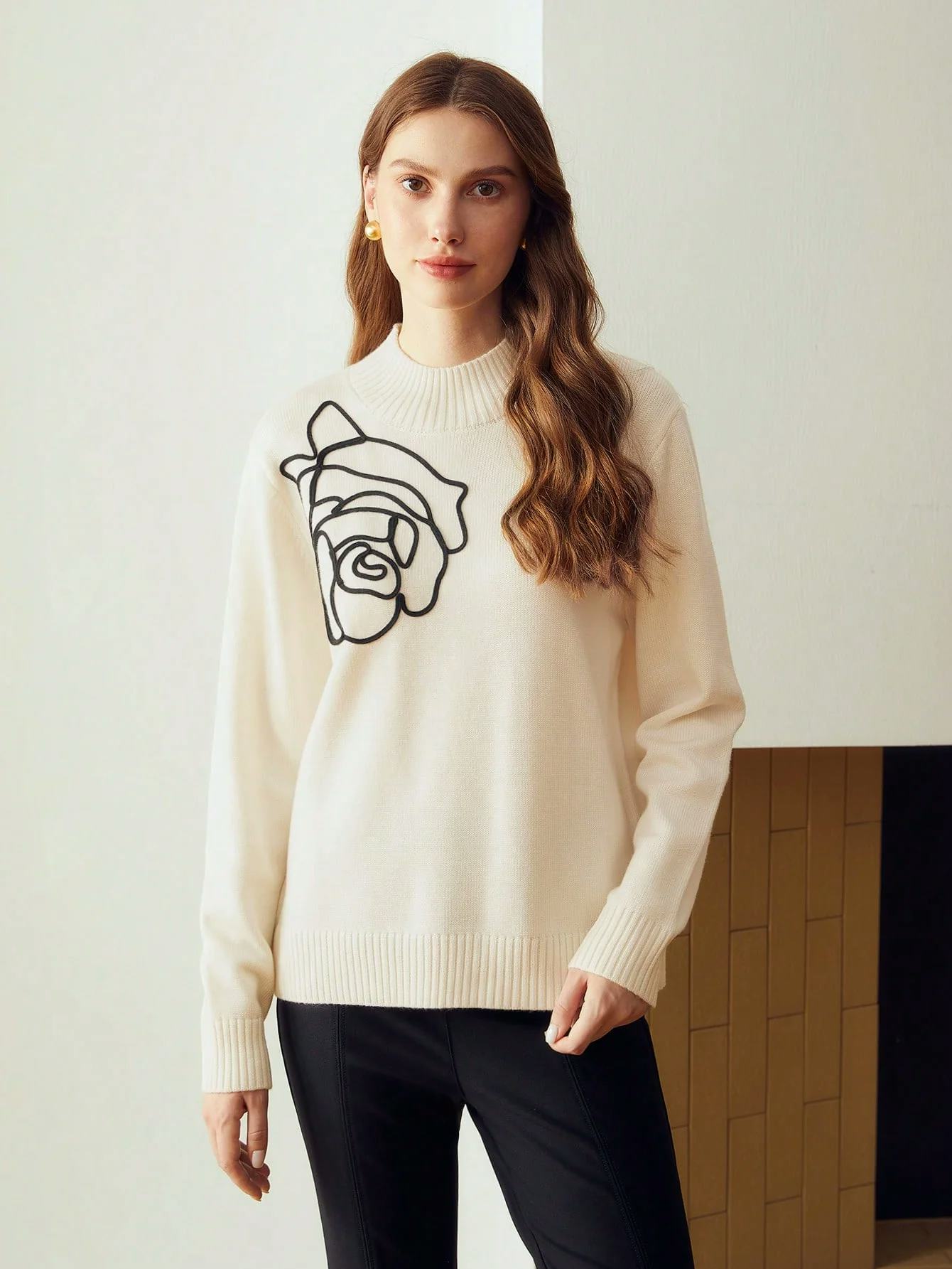 Wool-Blend Floral Pattern Sweater