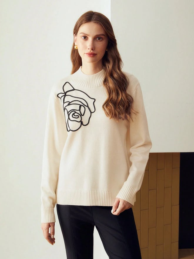 Wool-Blend Floral Pattern Sweater