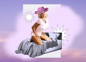 a woman wearing a cowgirl hat and kneeling on a bed, to symbolize getting on top during sex