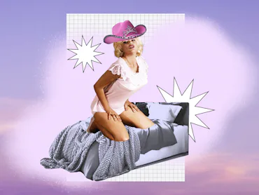 a woman wearing a cowgirl hat and kneeling on a bed, to symbolize getting on top during sex