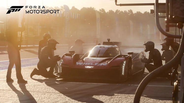 a screenshot for Forza Motorsport shows a pit crew working on a car.