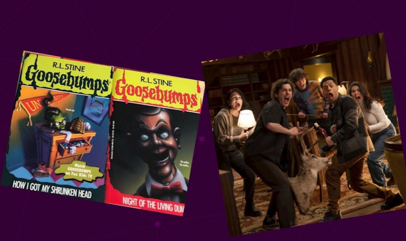 Original R.L. Stine Goosebumps books next to photo from new Disney+ series.