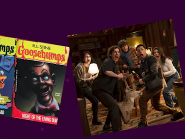 Original R.L. Stine Goosebumps books next to photo from new Disney+ series.