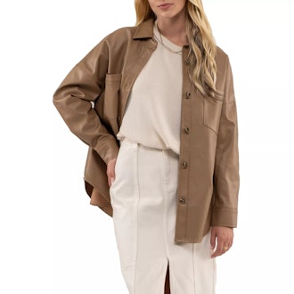  Faux Leather Oversized Button Up Shacket