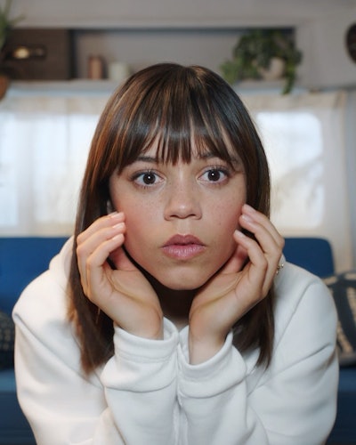 Jenna Ortega blunt bangs in Adidas ad