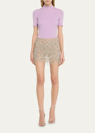 Crystal Scallop Embroidered Mini Skirt