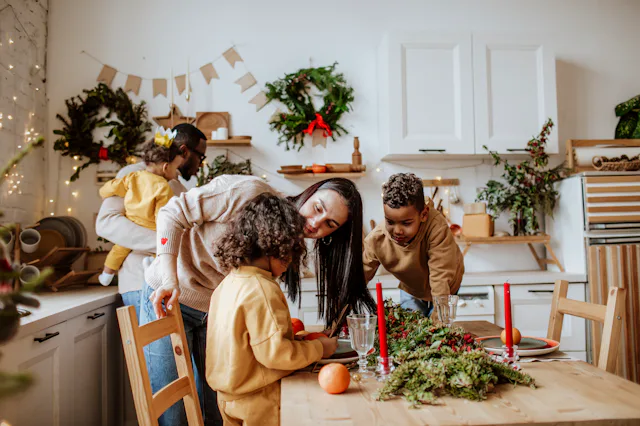 A mother talks to her children during a holiday dinner.