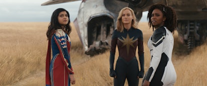 Iman Vellani as Ms. Marvel/Kamala Khan, Brie Larson as Captain Marvel/Carol Danvers, and Teyonah Par...