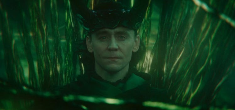 Loki (Tom Hiddleston) sits on his multiversal throne in Episode 6 of 'Loki' Season 2