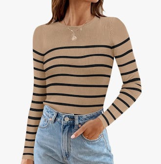 ZESICA Long Sleeve Crewneck Striped Shirt