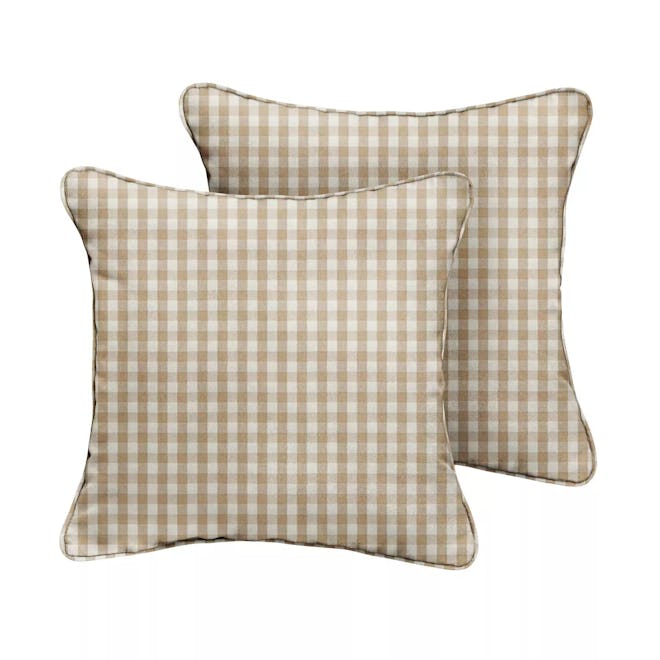 2pk Square Corded Indoor Outdoor Throw Pillows beige and white plaid for Thanksgiving fall porch dec...
