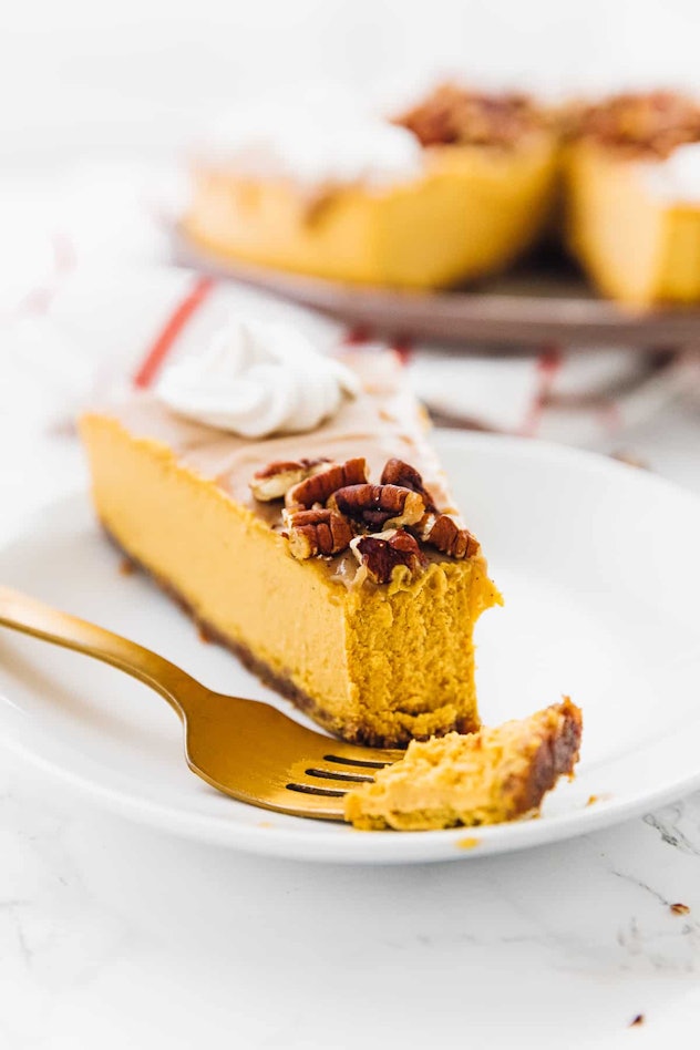 Vegan pumpkin cheesecake, a fall dessert for Thanksgiving that isn't pie.
