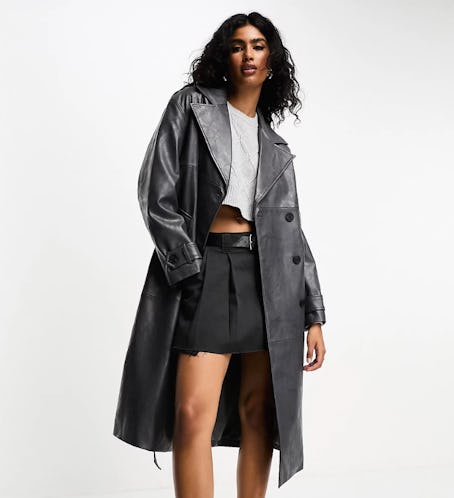 Bershka worn faux leather trench coat in washed gray