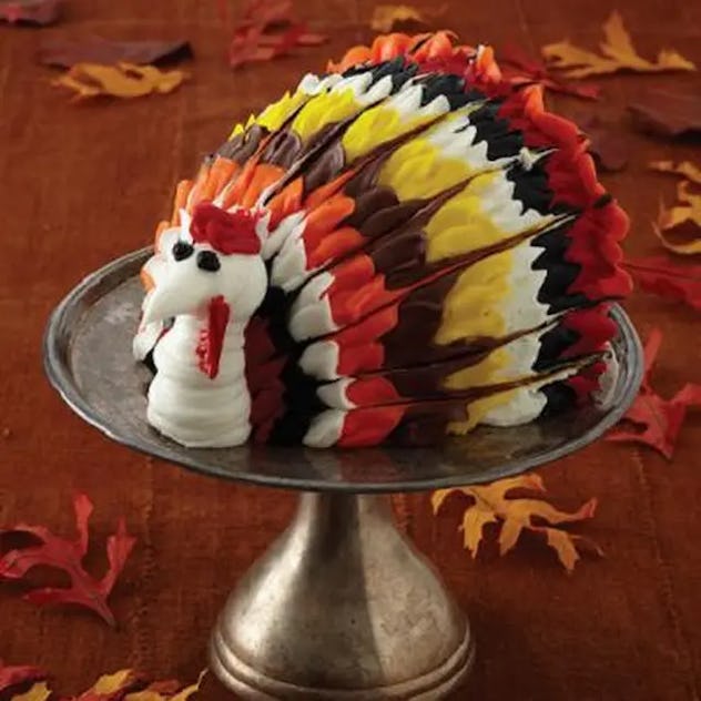 Cake decorated like a turkey, one of many fall desserts for Thanksgiving that aren't pie