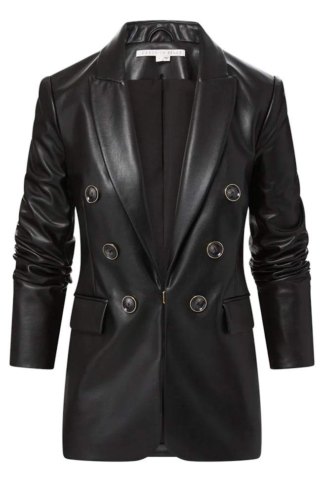 black leather jacket with gold buttons