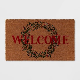 1'6"x2'6" 'Welcome' Wreath Flocked Coir Christmas Doormat