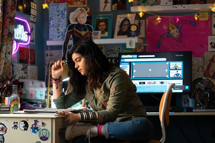 Kamala Khan (Iman Vellani) sits at her desk in 'The Marvels'