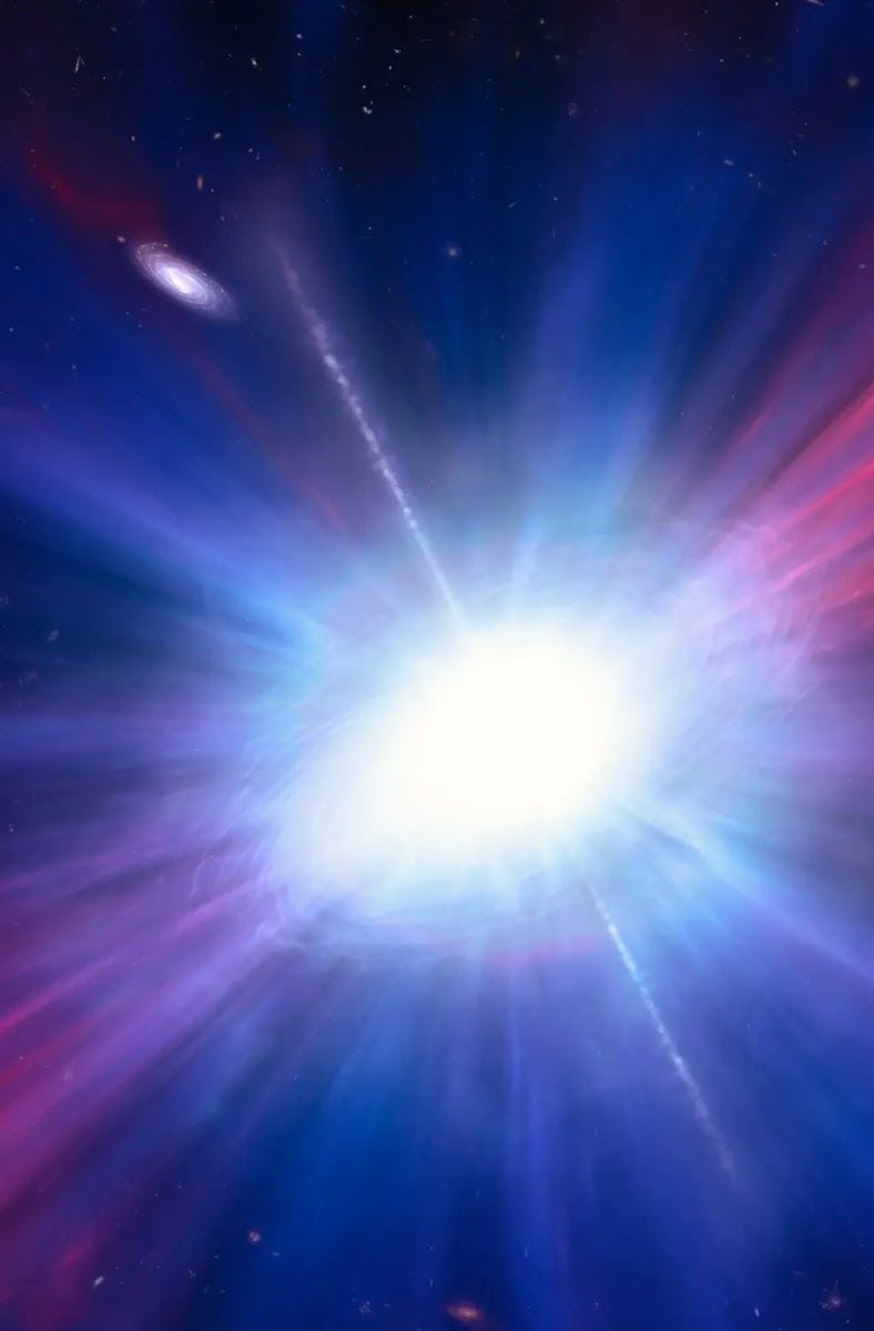 color image of a bright blue explosion with two distant galaxies in the background