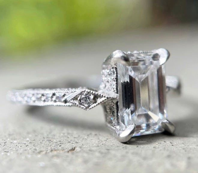 Recycled Blackened Platinum Venus Ring with Ethically Sourced Emerald Cut and Brilliant Cut Diamonds
