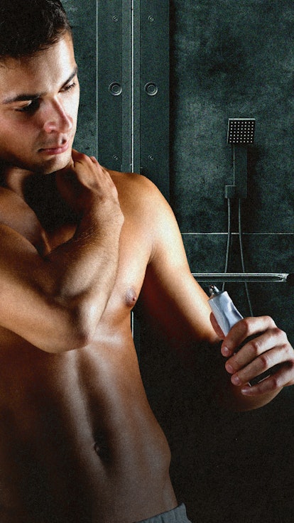 A man in a bathroom applying topical testosterone replacement therapy.