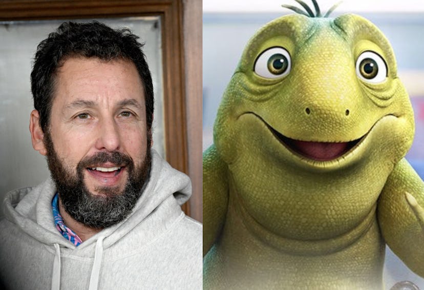 Adam Sandler side by side with his character Leo from the movie LEO