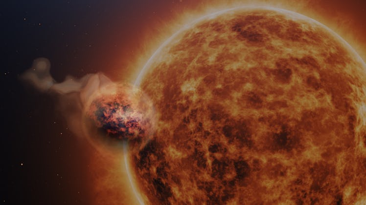 illustration of brown exoplanet trailing gas behind it orbiting a blazing star