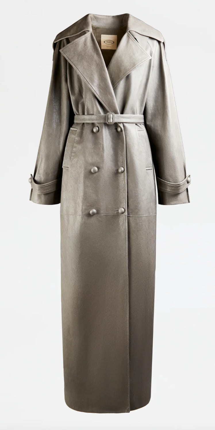 grey leather trench coat
