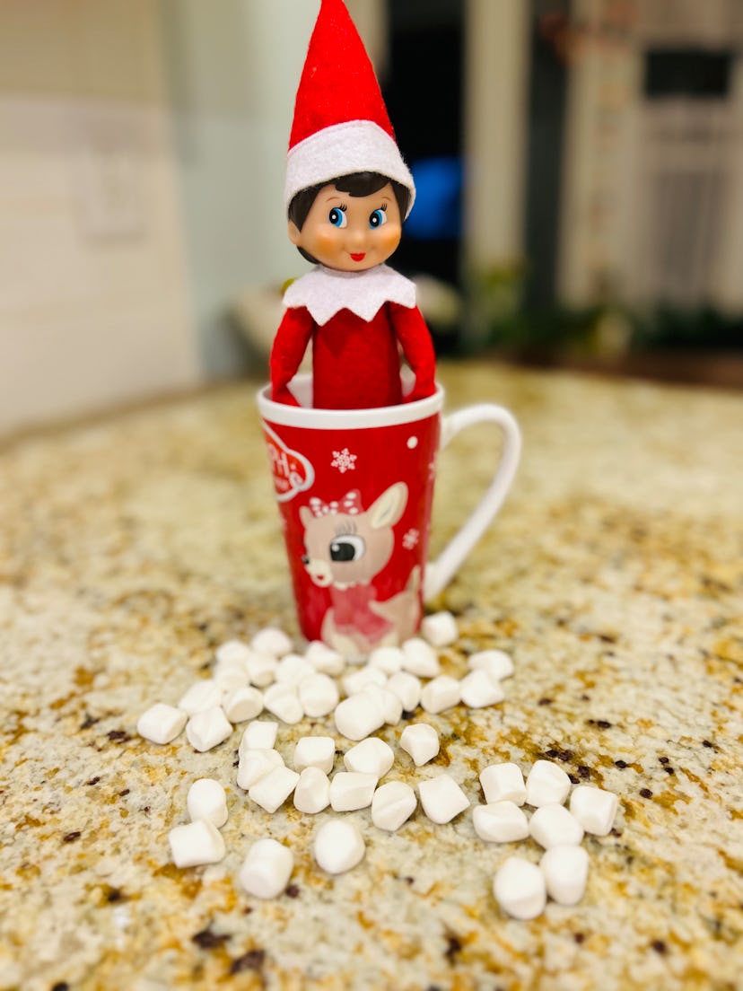 elf on the shelf inside a Rudolph the red nose reindeer mug surrounded by mini marshmallows