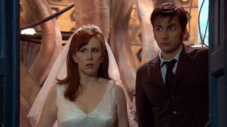 Donna’s introduction to Doctor Who was fighting spider aliens in her wedding dress.