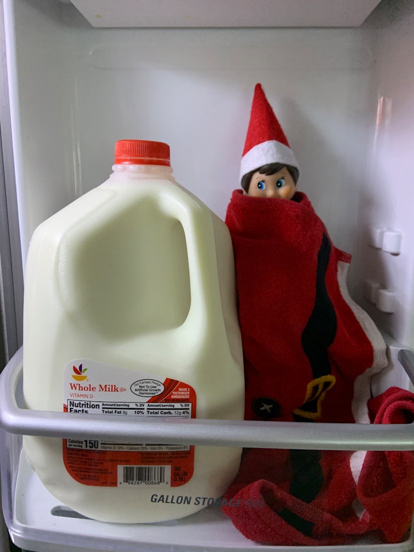 elf on the shelf wrapped up in a blanket inside the fridge