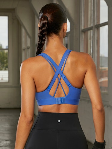 High Support Squareneck Zip-Up Buckle Up Sports Bra in Blue